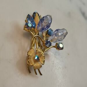 Flower Bouquet Blue Rhinestones Navette AUSTRIA Vintage Gold Brooch